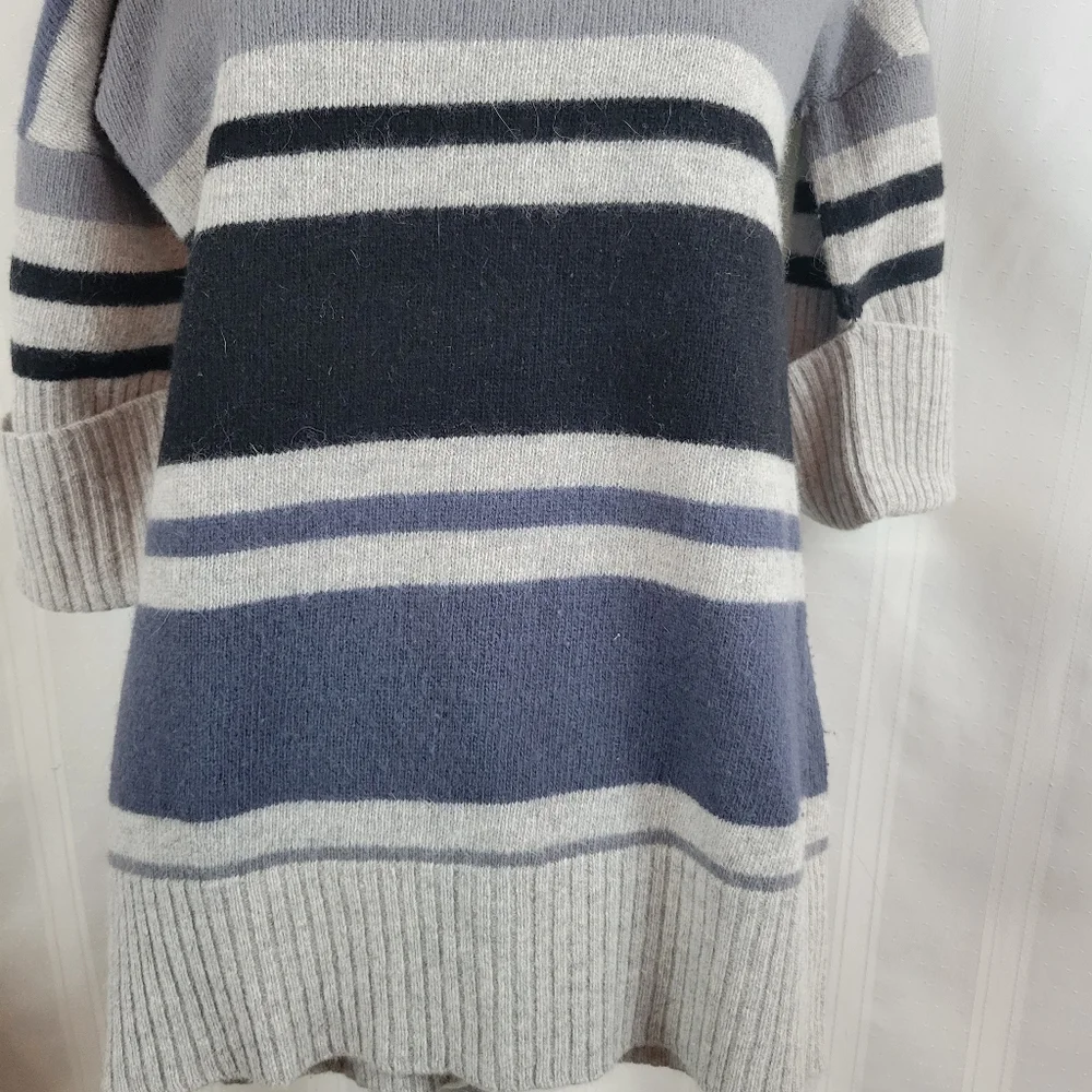 Kenar Woman's Lambs Wool and Angora Sweater Cowl Neck, Grey, Blue Stripe, Medium - Picture 2 of 5